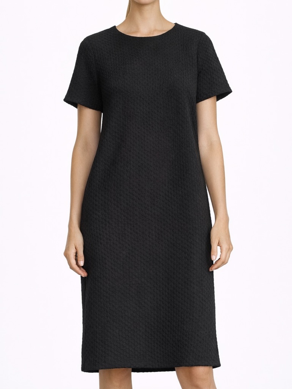 Eileen Fisher Black Textured Shift Dress Short Sleeve Minimalist Midi Large